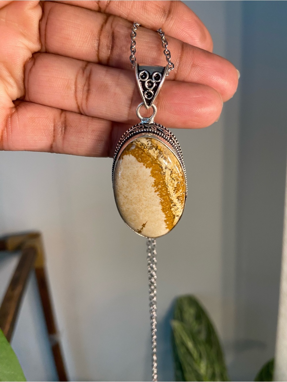 Silver Beige and Yellow Picture Jasper Oval Pendant Necklace